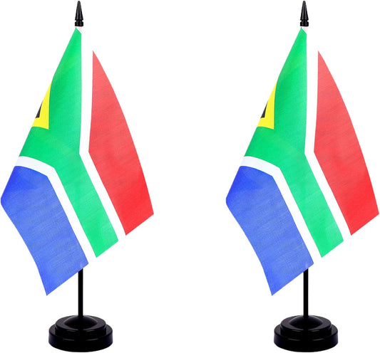 South Africa Desk Flag 12" Solid Pole Deluxe Set South African Flags Banner Mini Small South Africa Office Table Flags with Black Stand Base Desktop Decorations(2Pack)