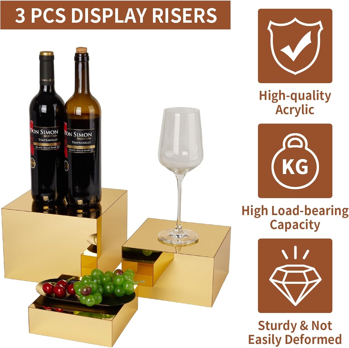 3 Pcs Acrylic Risers for Display, Acrylic Cube Boxes Gold Risers Food Display Risers Stand Shelf for Catering Dessert Collectibles Jewelry Figures Party (Gold 3pc)