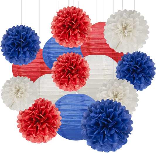 Red White Blue Party Decorations - 15Pcs Tissue Paper Flowers Pom Poms Paper Lanterns Birthday National Day American theme Hanging Decor
