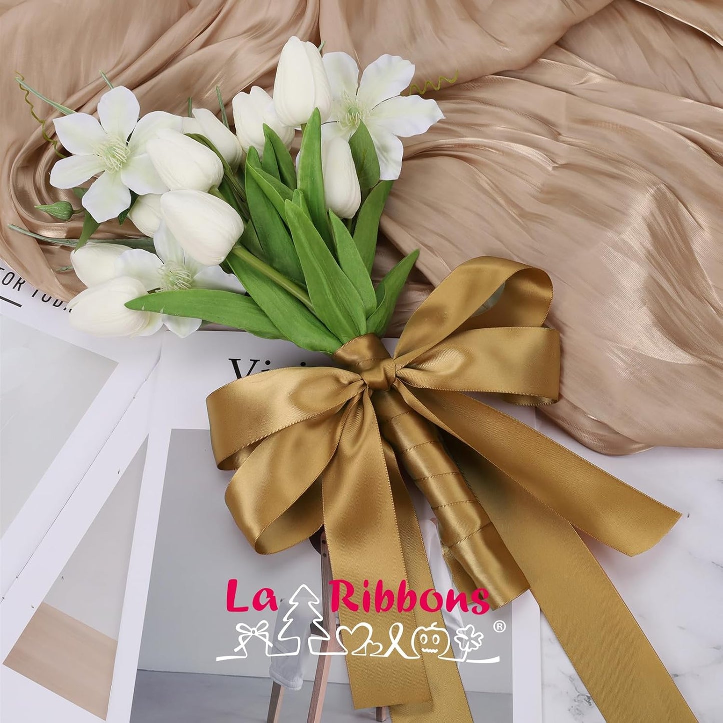 LaRibbons Pale Gold Satin Ribbon 1 Inch 25 Yards Double Faced Gold Silk Ribbon for Flower Bouquet Crafts Gift Wrapping Wedding Party Decoration