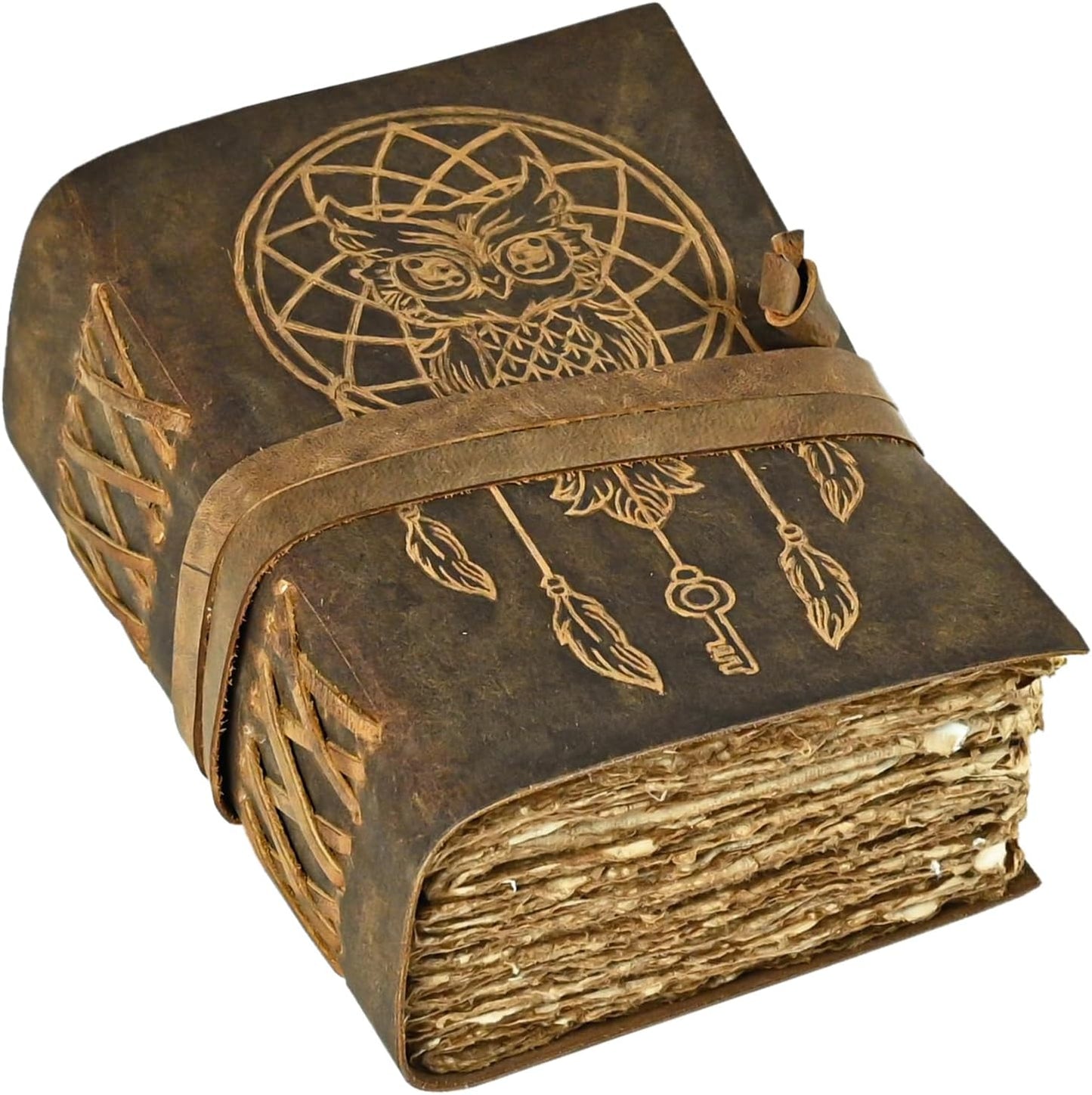 Urooj Handicraft 400 Page Book Of Shadows journal blank dream catcher with owl leather witchcraft books grimoire spell sketchbook college poetry personal notebooks (Owl 2)