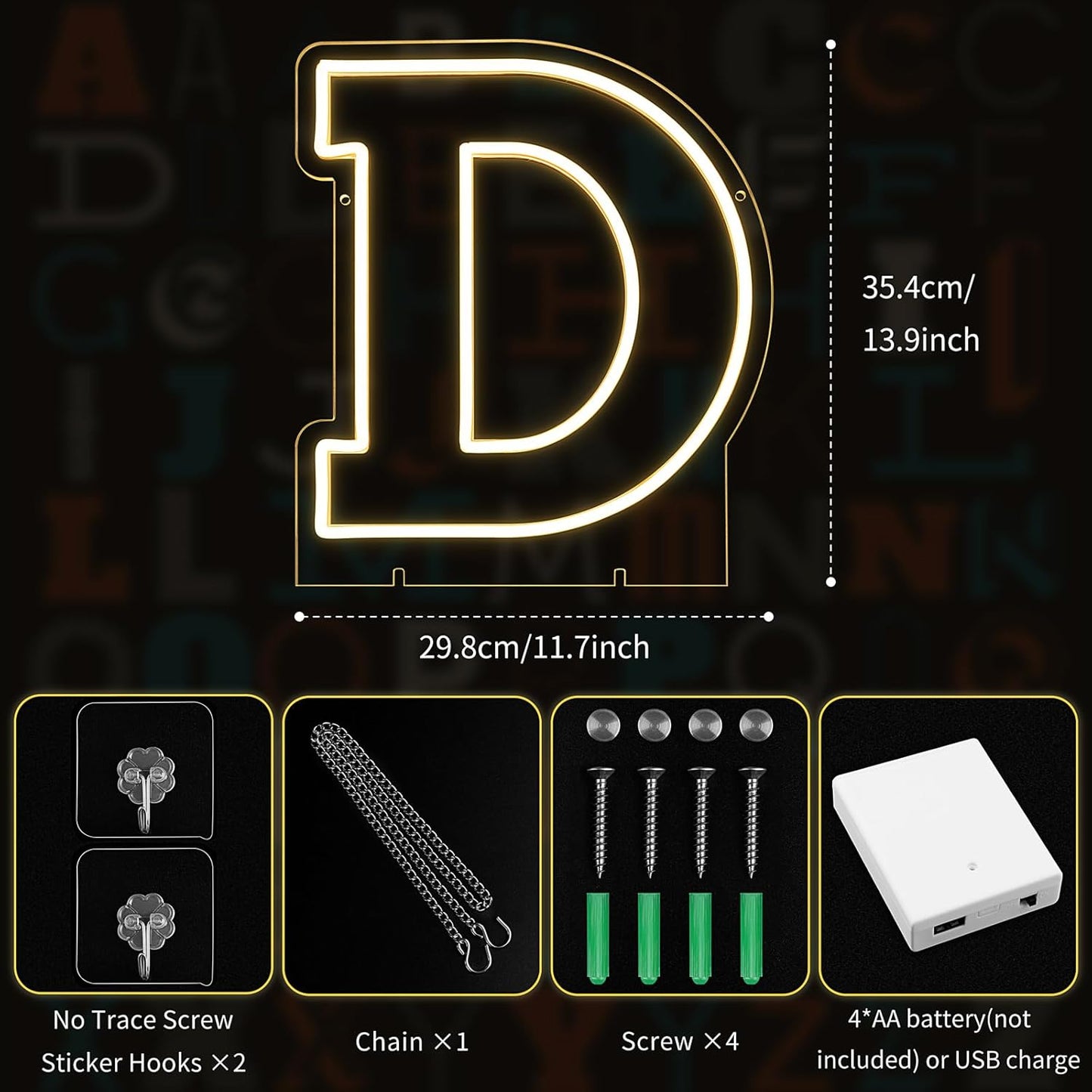 Light Up Letters D, Led Marquee Letter Lights Neon Sign, 13.9" Height Decorative Lighted Alphabet Number, Battery/USB Powered Led Letters Lights for Wedding, Birthday, Party, Christmas or Home Decor