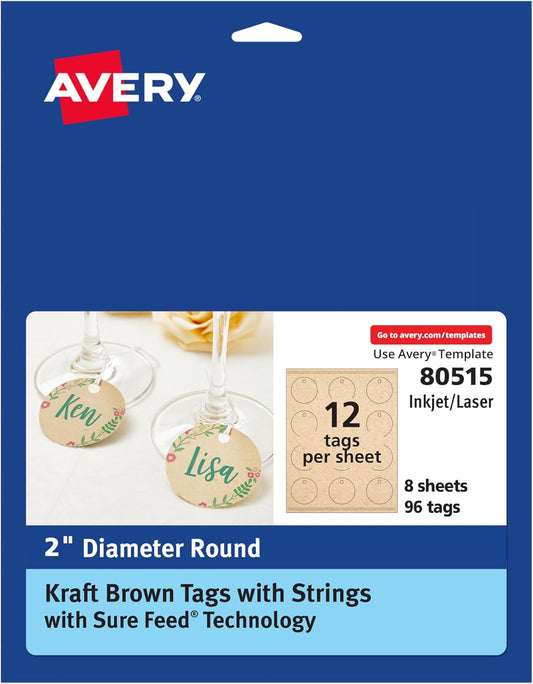 Avery Kraft Brown Round Tags, Sure Feed Technology, 2" Diameter, Printable on Both Sides, Includes Strings, 96 Total (80515)