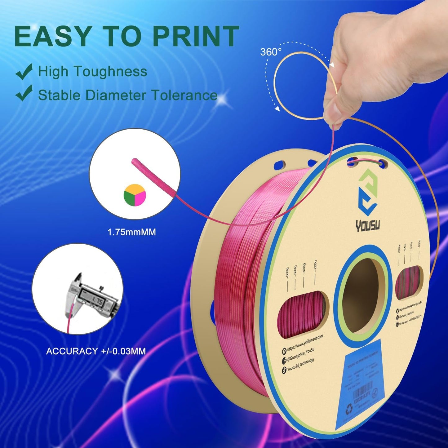 YOUSU Silk Tri Color PLA Filament，Coextrusion PLA Filament 1.75mm，1KG/Roll,3D Printer Filament Silk PLA Gold & Green & Rose red.
