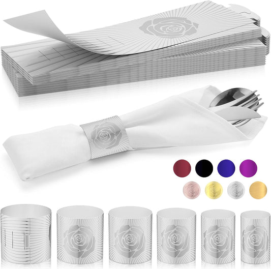 Polymer Material Reusable Napkin Band, Glue-Free Tear-Proof Water Resistant Oil-Proof Napkin Bands Set of 50(Front Silver Rose and Back Silver Color), 6 Adjustable Sizes Napkin Rings