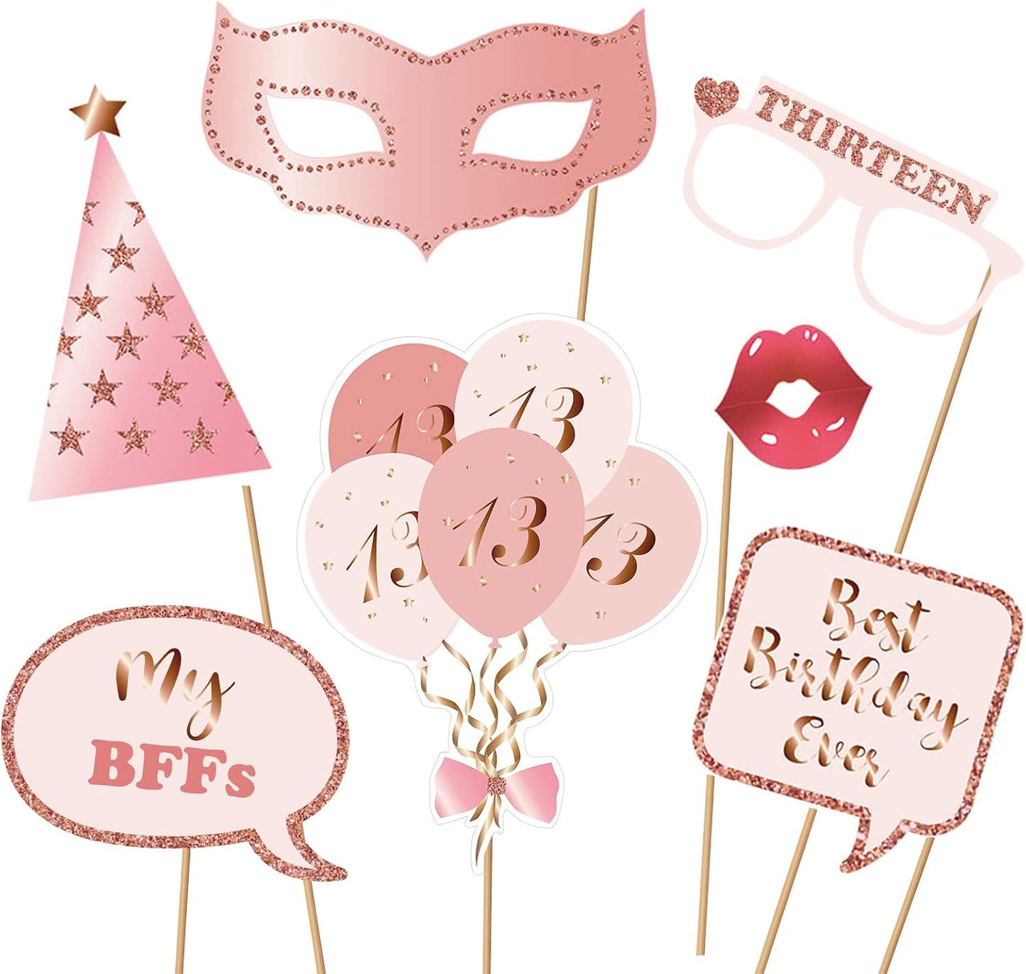 13th Birthday Party Photo Booth Props and Signs, Rose Gold 13 Birthday Party Selfie Props Kit with Sticks for Girls, Thirteen 13th Happy Birthday Party Decorations Supplies Favors