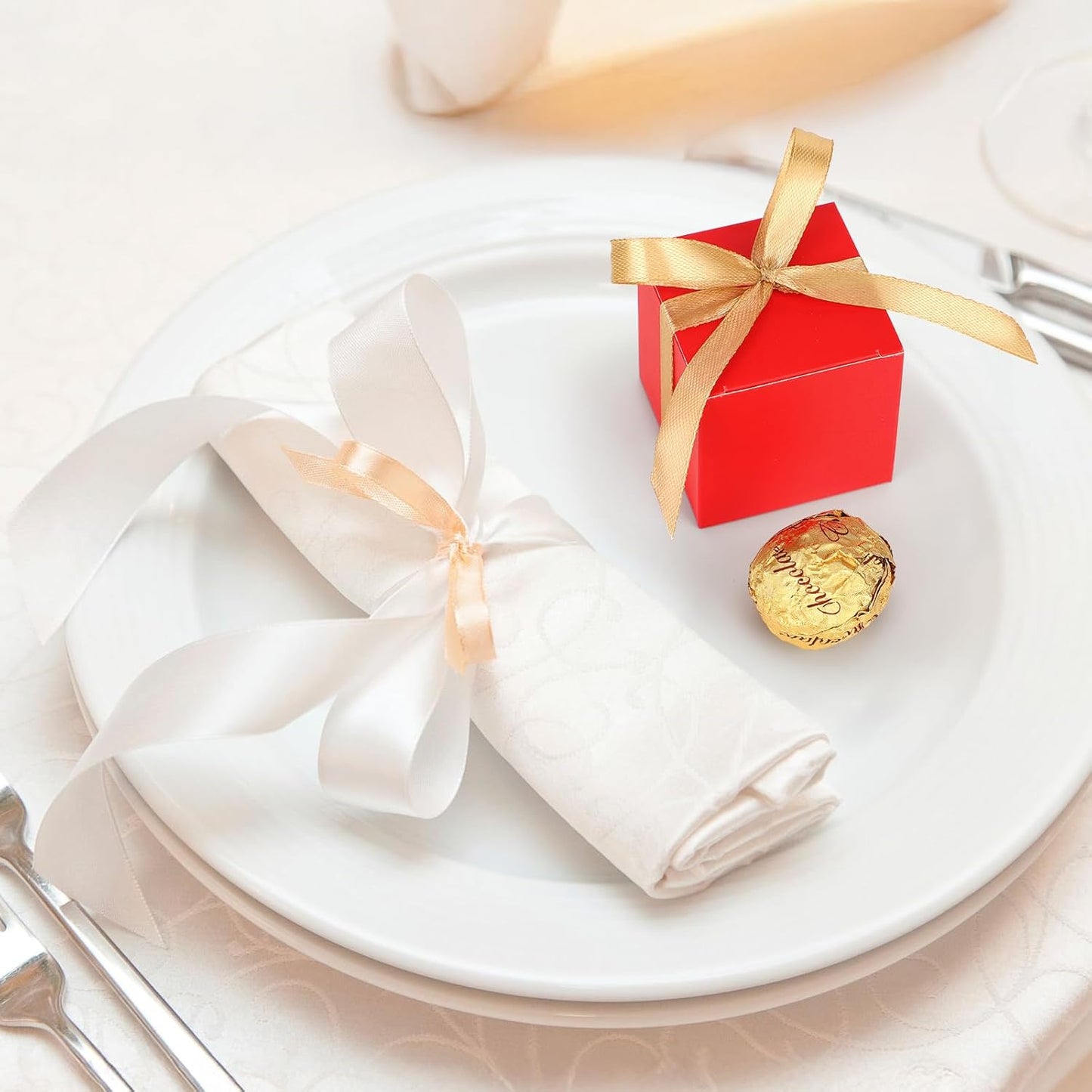 EUSOAR Favor Boxes, 120pcs 2x2x2 Inches Red Small Gift Boxes Candy Box for Party with Gold Ribbon, Mini Cube Soap Box Macaron Chocolate Container for Wedding Birthday Party DIY Favors Supplies