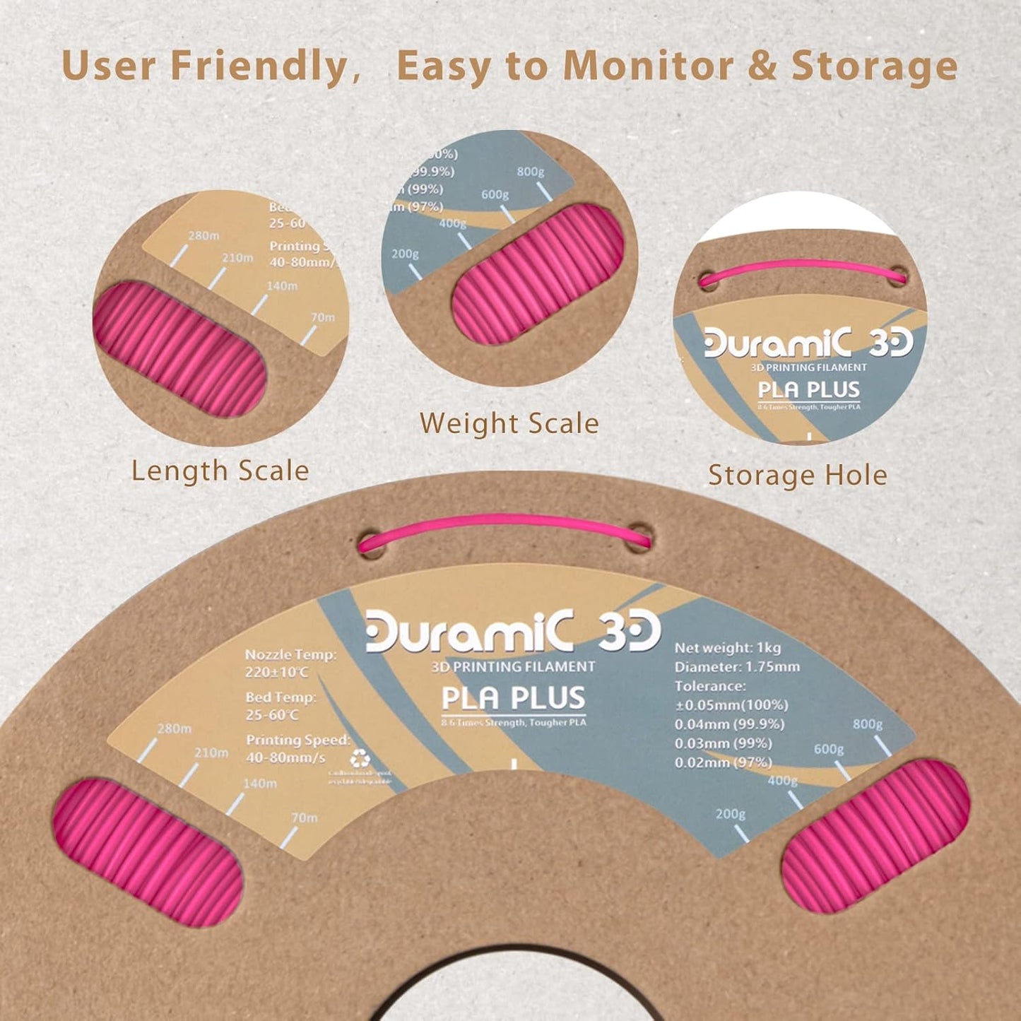 DURAMIC 3D PLA+ Filament 1.75mm 1Kg Magenta, PLA Plus Filament 1Kg Spool(2.2lbs) Tougher and Stronger, Dimensional Accuracy Probability +/- 0.02mm