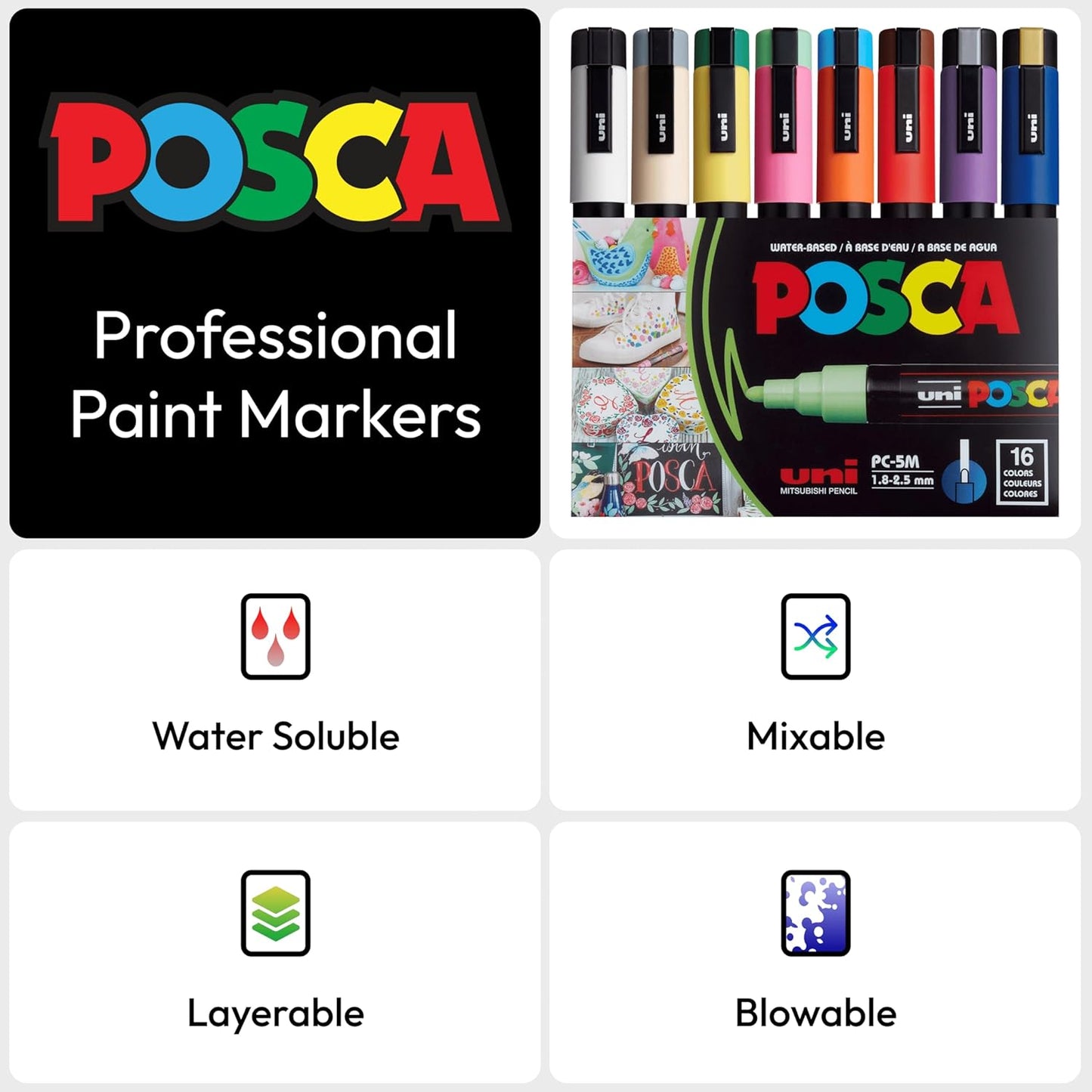 Posca Paint Marker PC-5M Medium Bullet Standard Colors Set of 16 Art Markers