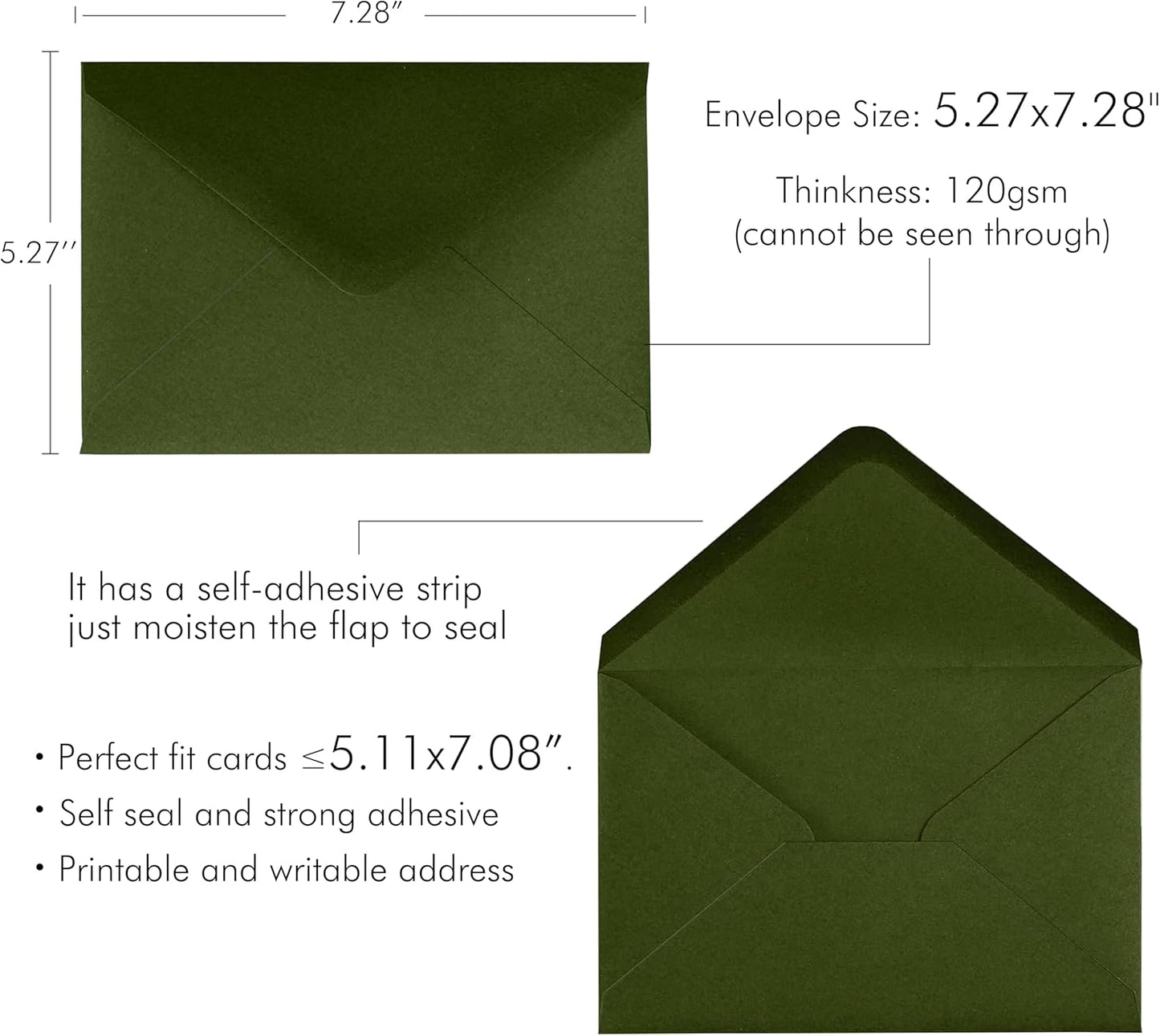 PONATIA 50 PCS/Pack A7 Envelopes, 5.25 x 7.28'' Olive Green Envelopes For 5x7'' Weddings Invitation Cards, Christmas Gift Cards, Acrylic Invitations, Photos and Any 5x7" Inserts