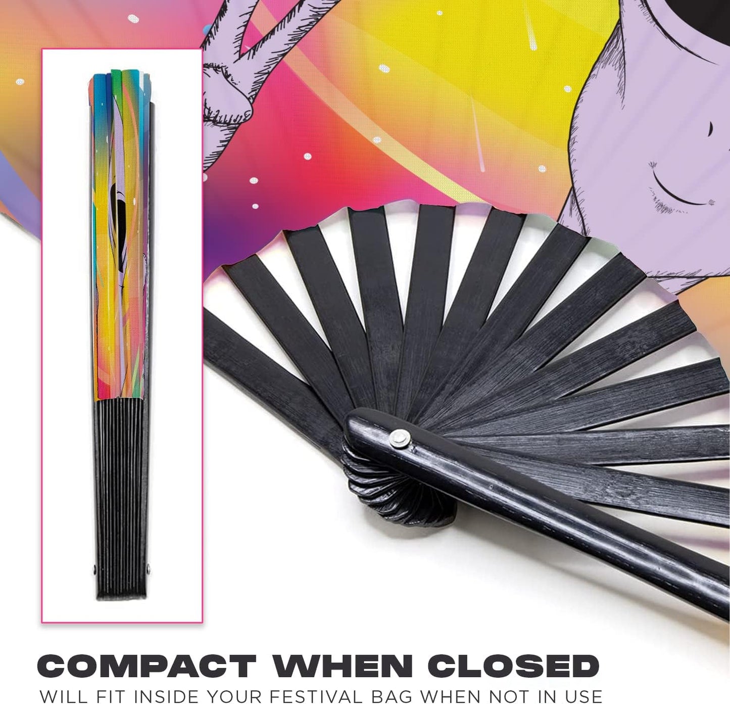 GloFX Rave Fan - Rainbow Alien - Large Folding Fan - Festival Gear for Music Festival Outfits, Rave Enthusiasts, and Cosmic Vibes