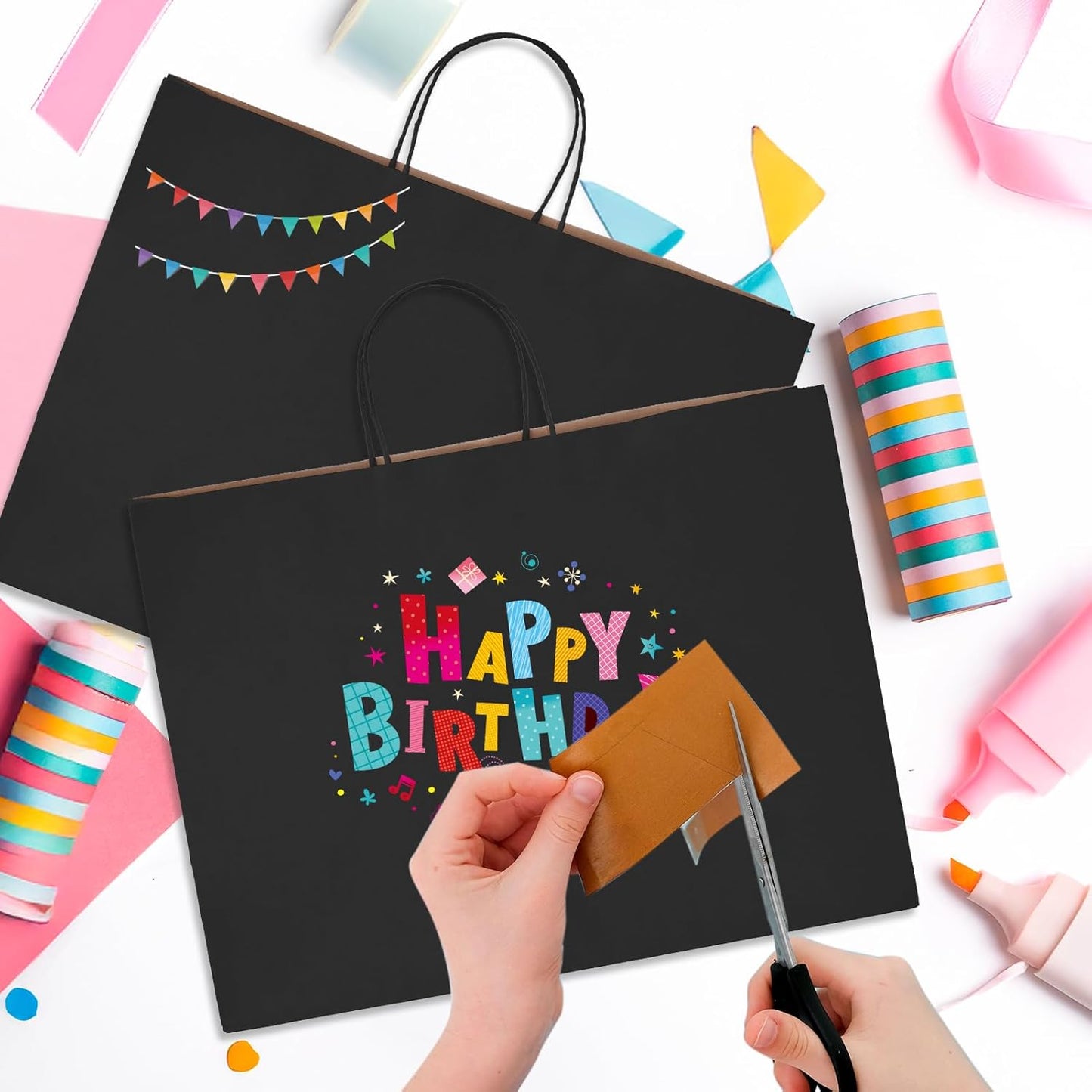 MESHA Large Black Paper Bags with Handles 16x6x12 Inch 25 Pack Paper Shopping Bags Large Gift Bags Craft Bag Kraft Bag for Small Business