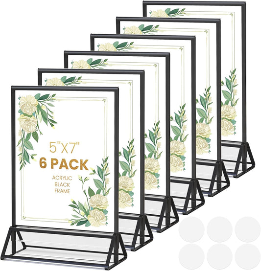 Acrylic Sign Holder 5X7 Black Picture Frame Double-Sided Acrylic Frames for Wedding Table Numbers Photo Frames Flyers Menu with Removable Sticky Dots-6 Pack