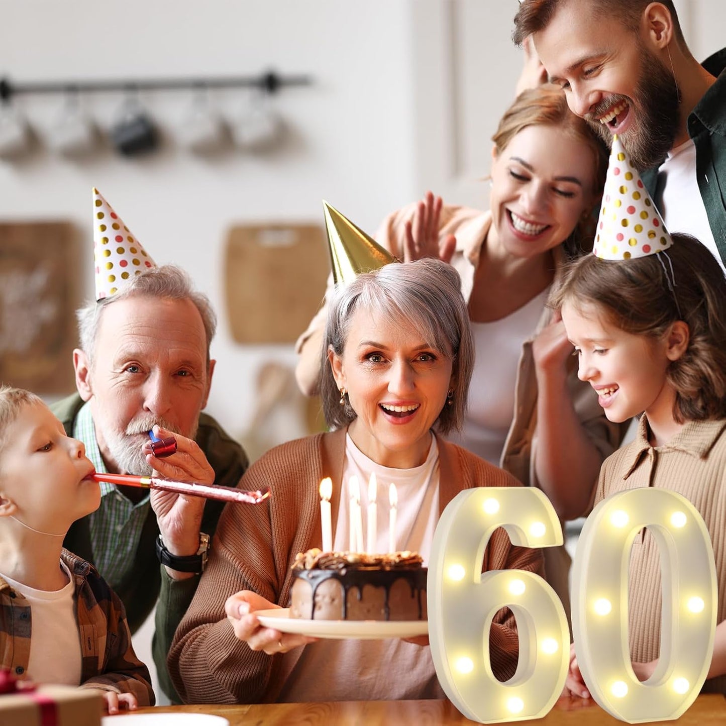 LED Marquee Letter Lights, Decorative Light Up Numbers for 60th Birthday Party, Battery Operated, Warm White Small Marquee 60 Sign for Anniversary Decorations