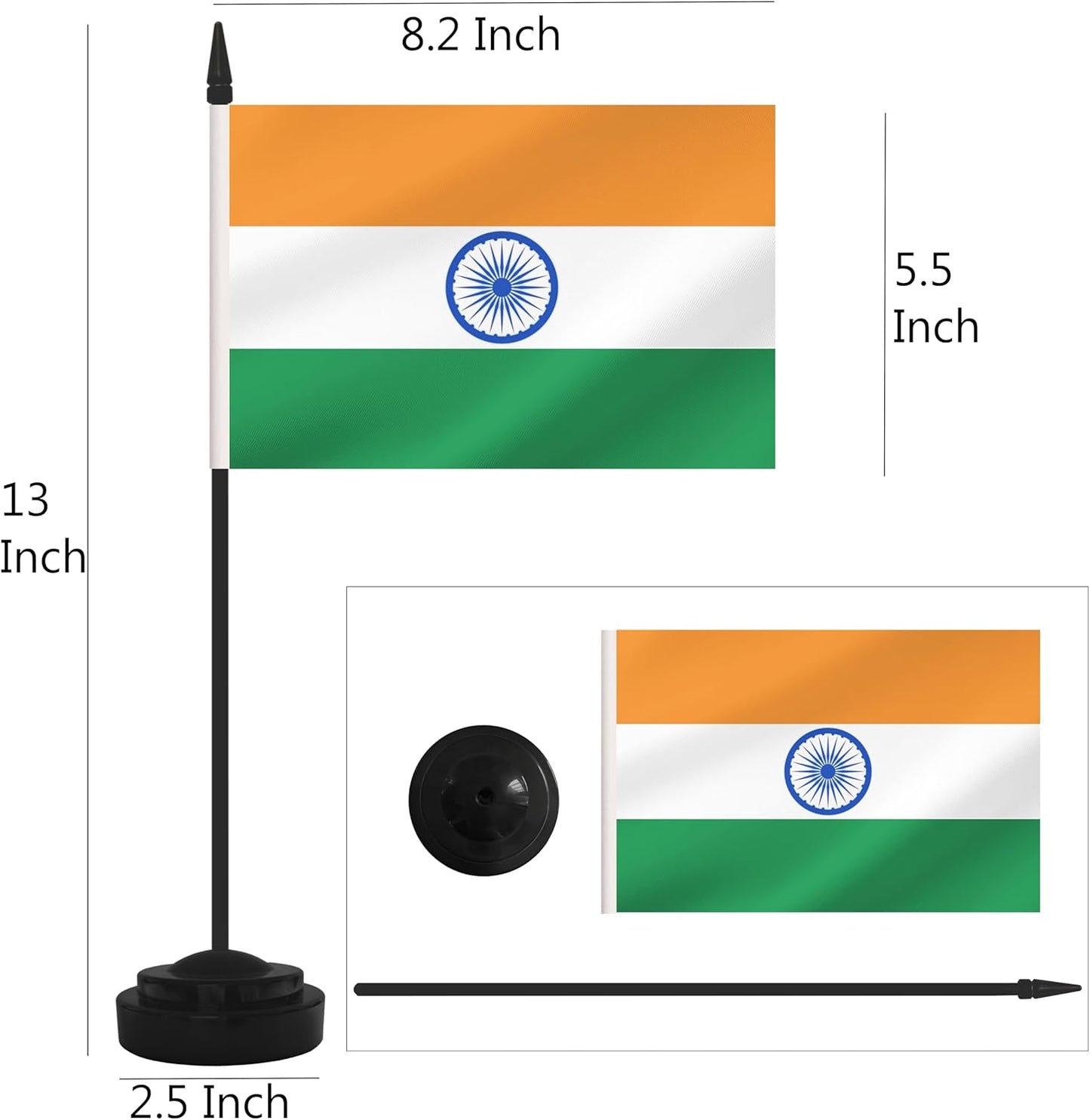 2 Pack India Desk Flag Set, Indian Desktop Small Miniature Table Office Flag with 12" Black Pole and Black Base, Offices, Classroom, Home, Festival Decoration (India)