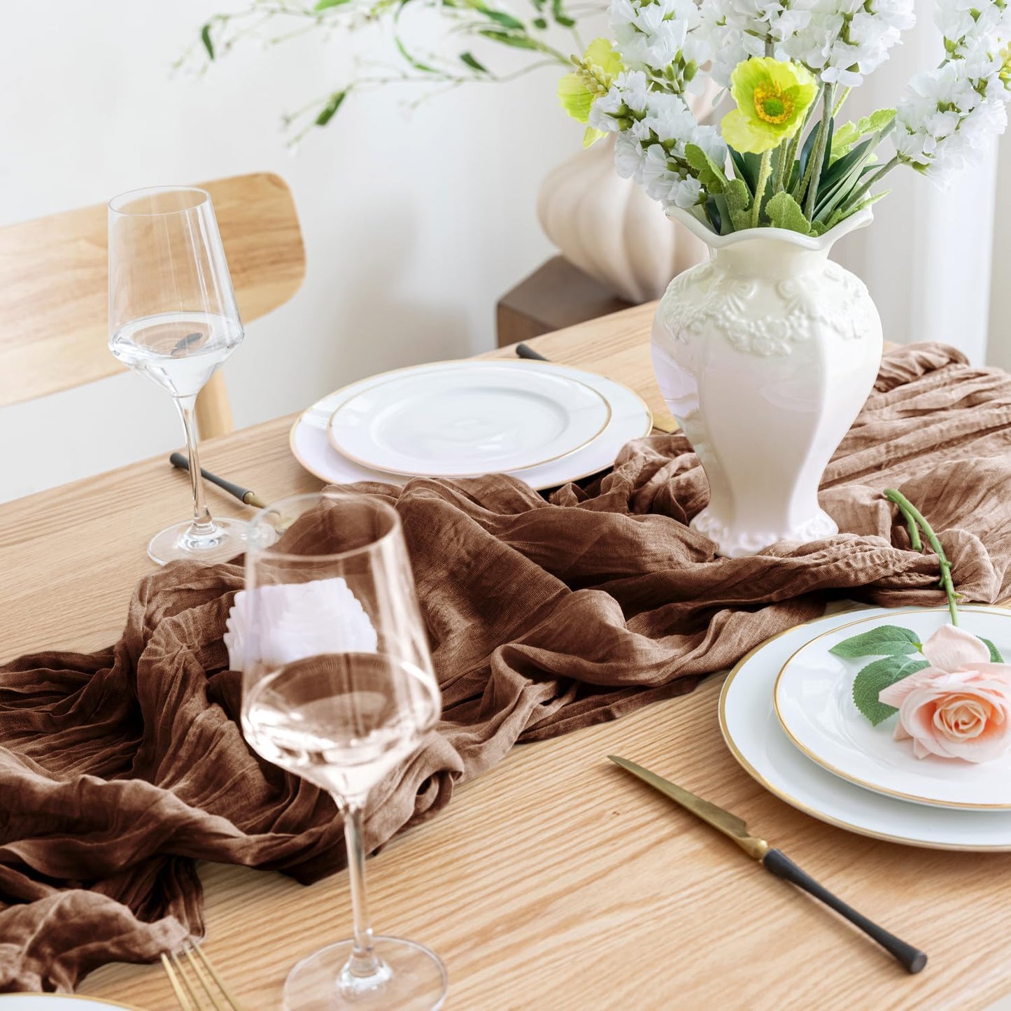 Asee'm 2pcs Cheesecloth Table Runner 120 Inches Long Brown Boho Gauze Cheese Cloth Runner 10FT Rustic Sheer Fall Table Runners for Thanksgiving Christmas Wedding Party Baby Shower Decoration