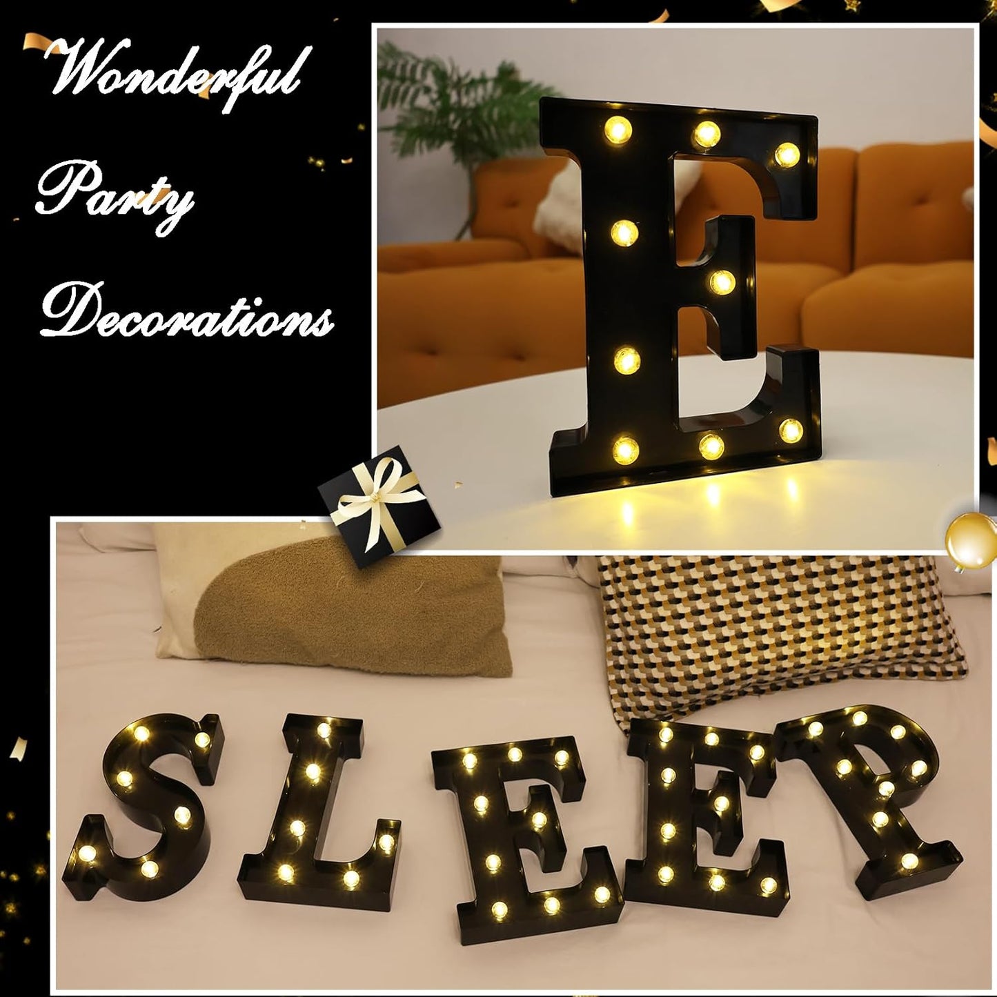 Led Marquee Letters, 8.58 Inch Black Light Up Letters, Small Led Letter Lights, Battery Powered Lighted Letterfor Table, Party, Birthday, Christmas Decor (Black, Letter E)