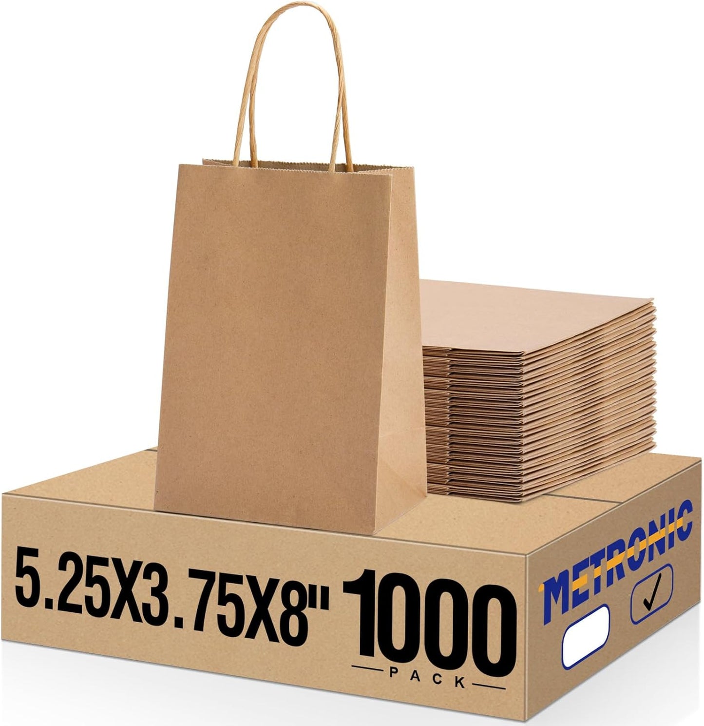 METRONIC Paper Gift Bags 5.25x3.75x8 1000Pcs,Christmas Paper Bag with Handles, Brown Kraft for Small Business, Heavy Duty Bulk for Birthday Party Favors, Shopping, Retail