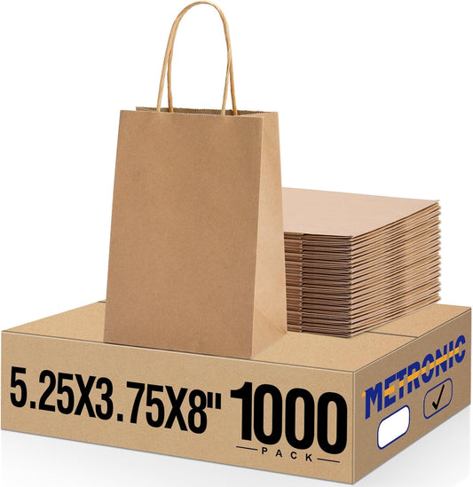 METRONIC Paper Gift Bags 5.25x3.75x8 1000Pcs,Christmas Paper Bag with Handles, Brown Kraft for Small Business, Heavy Duty Bulk for Birthday Party Favors, Shopping, Retail
