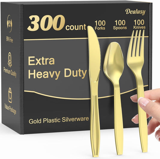 300 Count Extra Heavy Duty Gold Plastic Silverware, 100 Forks, 100 Spoons, 100 Knives, BPA-Free, Heat Resistant, Disposable Plastic Utensils Set, Plastic Cutlery Set, Plasticware Bulk