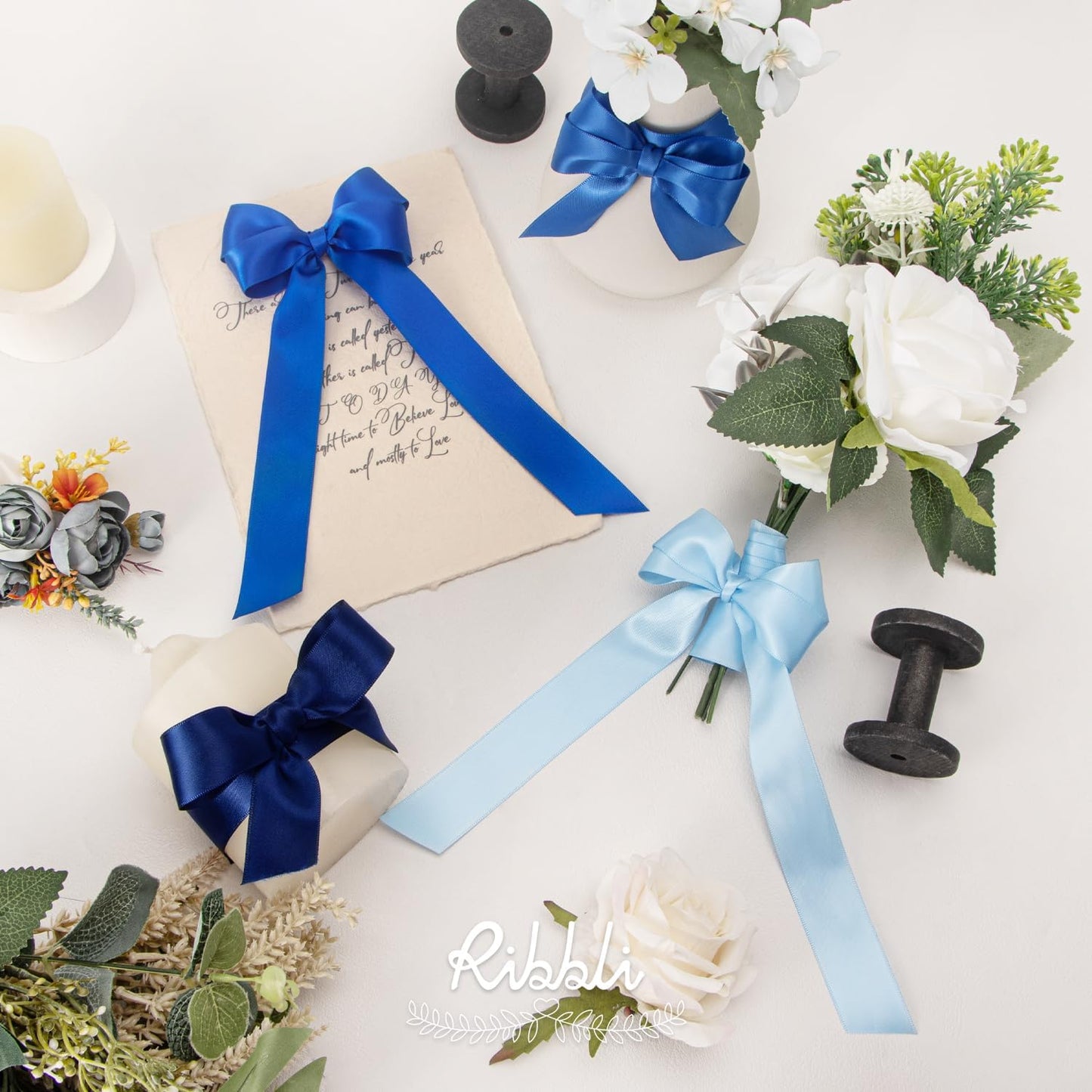 Ribbli Blue Satin Ribbon 1 Inch x 4 Rolls Total 40 Yards- Baby Blue/Royal Blue/Electric Blue/Navy Ribbon for Gift Wrapping Craft Wedding Decoration