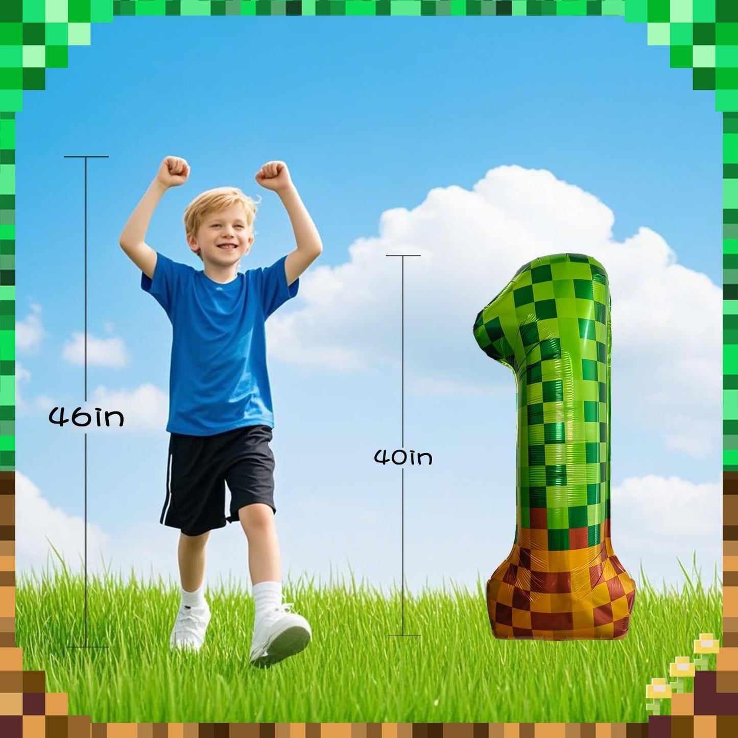 Pixel & TNT Theme 40in Giant Number Balloons - Foil Mylar Birthday Party Decorations for Kids Adults Cumpleaños, Block Style Pixel Art Shape Balloon Decor Supplies (Pixel, Number 1)