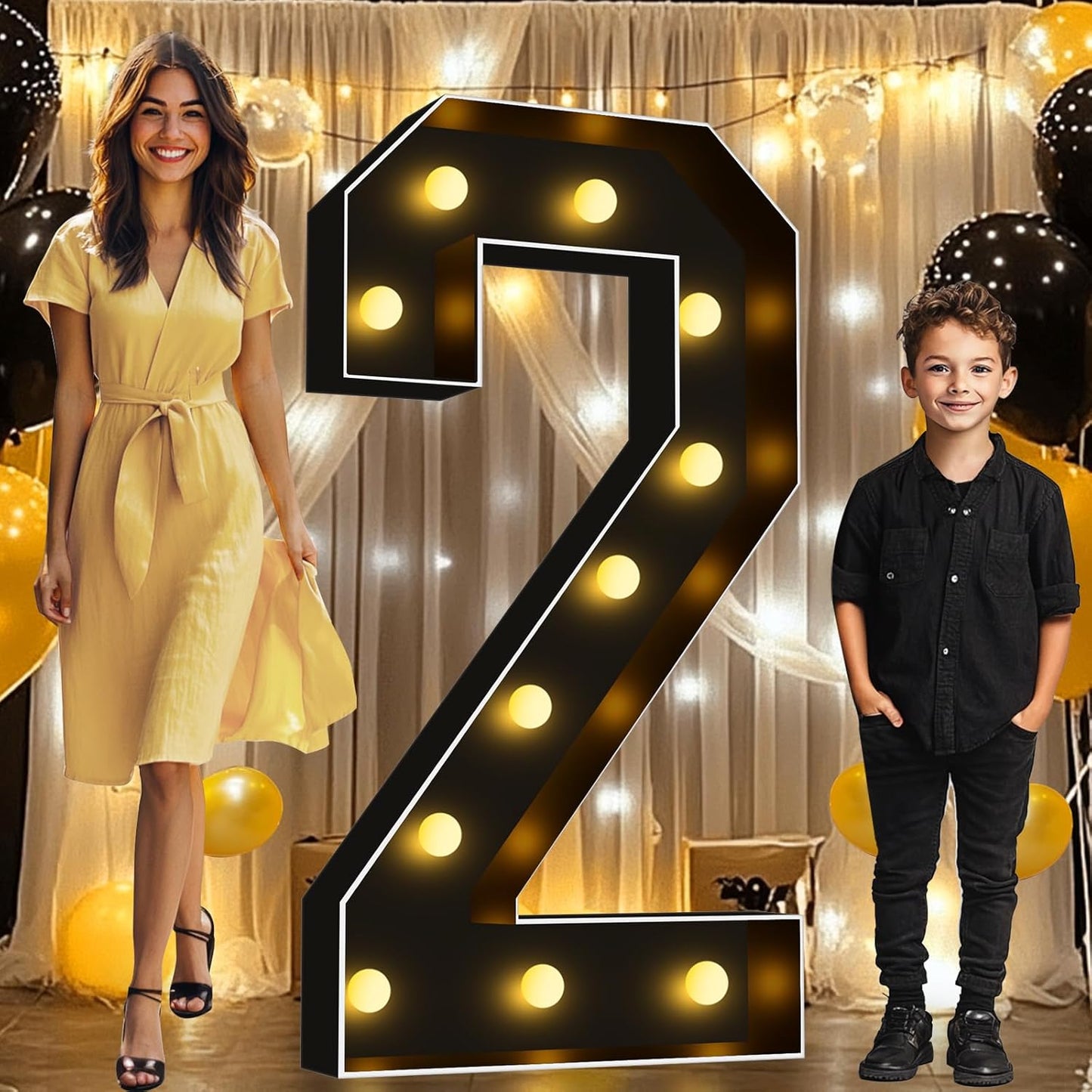 Pooqla 4 FT Light Up Marquee Numbers, Black Big Mosaic Numbers 4 Feet Tall for 2nd 12th 21st Birthday, Giant Marquee Number Lights for Balloons Party Anniversary Wedding Decorations, Warm White 2