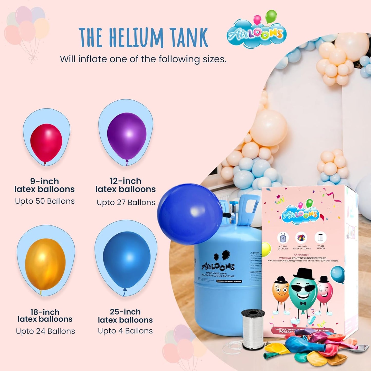 Airloons Helium Balloon Kit with 14.9 Cu Ft Tank – Includes 50 Multicolor 9 inch Latex Balloons, Ribbon & Easy to Fill Nozzle – Easy Setup for Birthdays, Weddings, Baby Showers