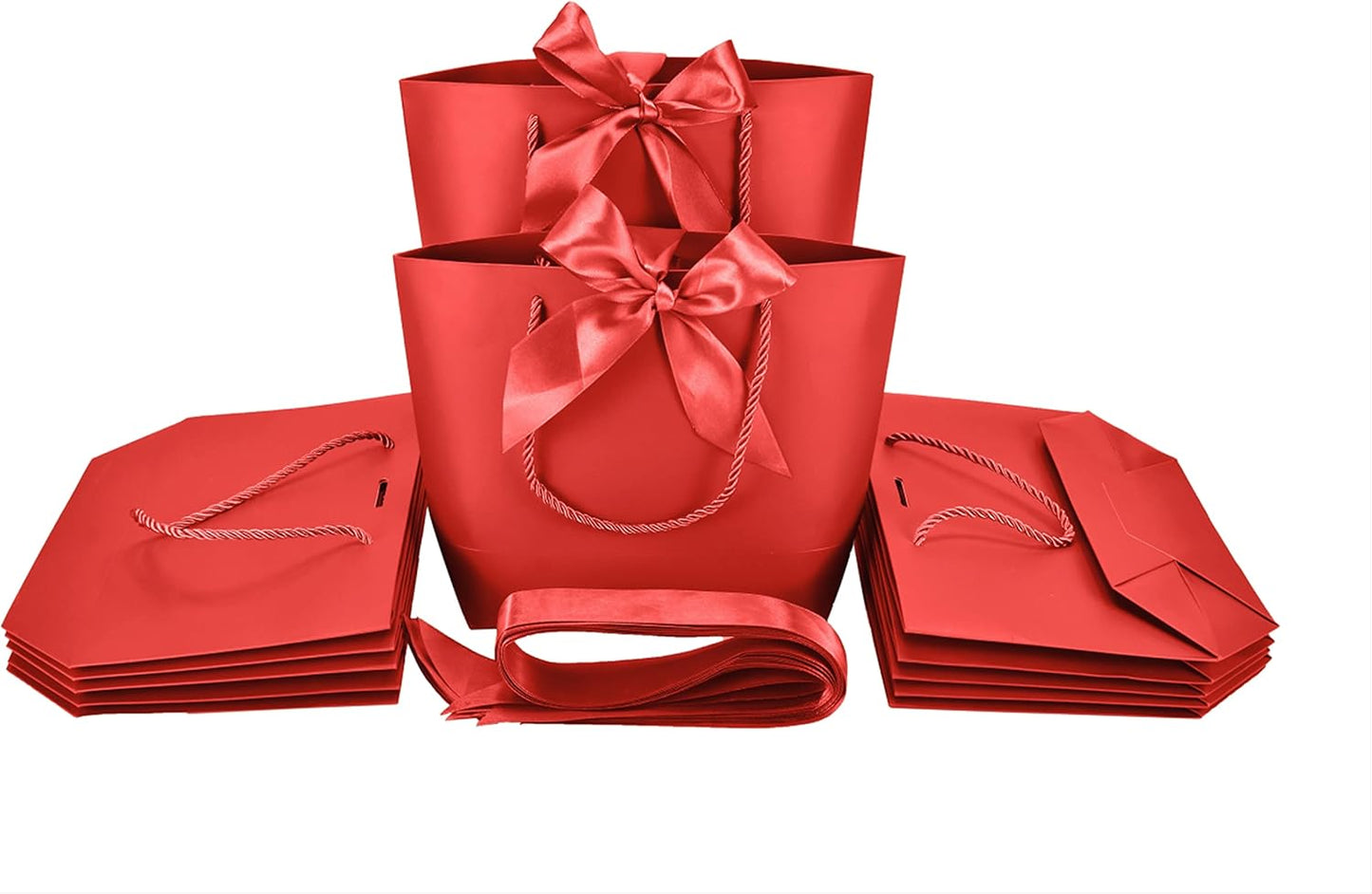 HUAPRINT Gift Bags with Handles,7.48×3.54×7.9 inches,Party Favor Bags with Bow Ribbon,12Pcs Red Paper Bags for Birthday Wedding Bridesmaid Holiday Valentine's Day