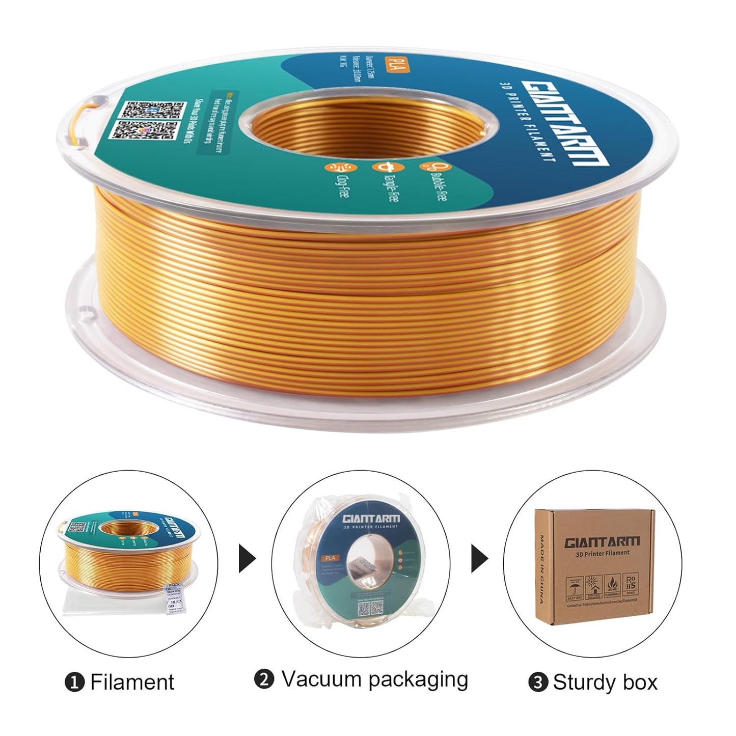 GIANTARM Dual Color PLA Filament, Silk PLA Filament 1.75mm +/-0.02mm,1KG Spool(2.2lbs) Vacuum Packaging, 3D Printing Filaments Fit Most FDM Printer
