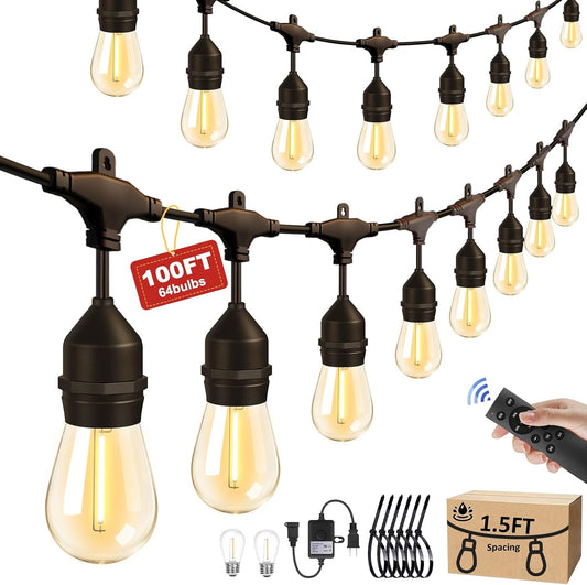 100FT Outdoor String Lights with 64+4 Bulbs (1.5FT Bulbs Spacing), Remote & Dimmer, Commercial Patio String Lights with 3 Mode Light & Timing, IP65 Waterproof, 100PC Mounting Ties for Outside