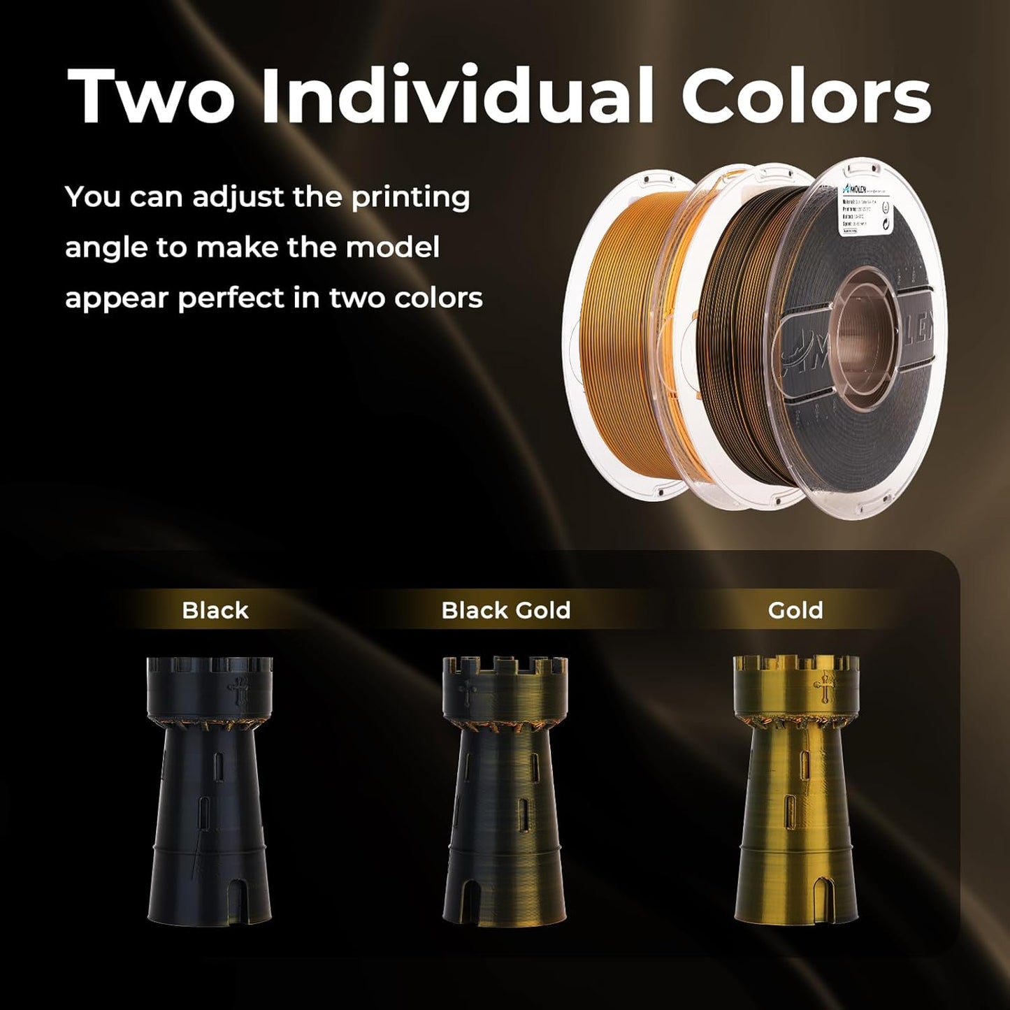 AMOLEN Silk PLA 3D Printer Filament, Dual Color Black Gold PLA 1.75mm, Shiny Color Change Filament 3D Printing PLA Filament for Most FDM 3D Printer, 1kg Spool(2.2lbs)