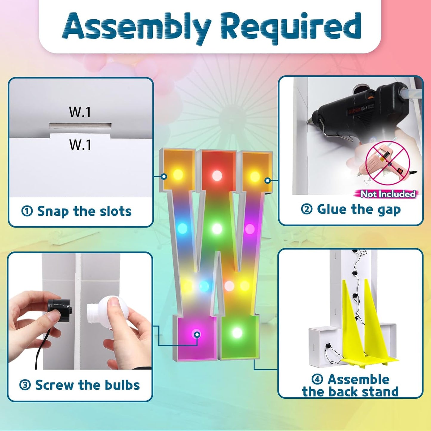 imprsv 4FT Colorful Marquee Light Up Letters W, 18 Colors Light Up Sign Alphabet Sign with Remote, One Letters First Birthday, Large Letters for Birthday Engagement Anniversary Wedding Party Decor