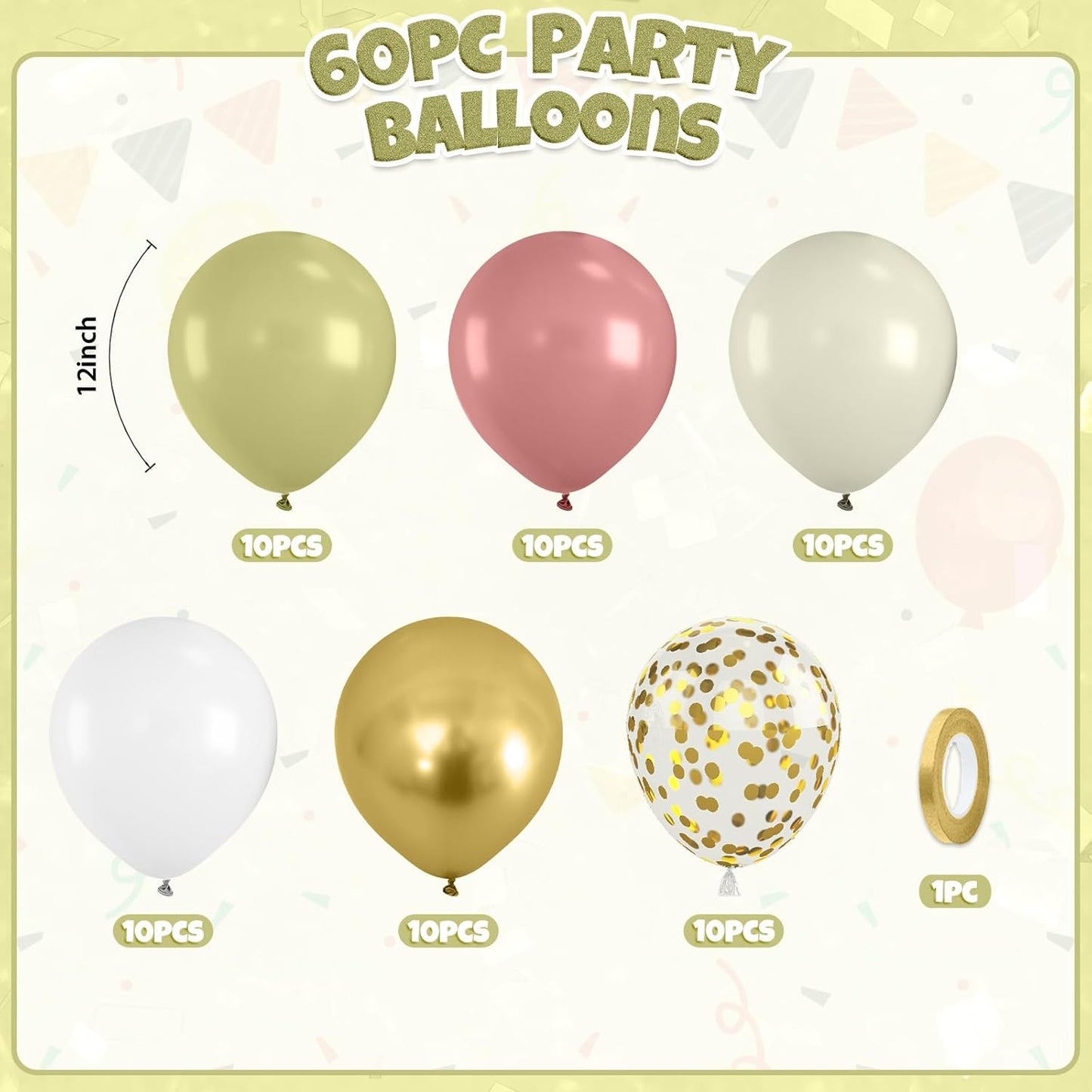 Pink And Green Balloons, 60pcs Sage Green And Pink Balloons, Sand Cream White Balloon, Gold Confetti Balloon For Girls Women Lady Birthday Baby Shower Spring Garden Theme Party Wedding Decorations