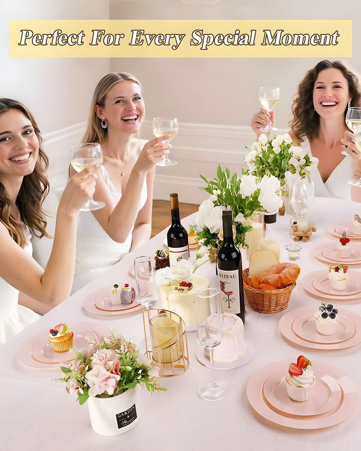 200PCS Pink Plastic Plates Set, 100 10.25 inch Dinner Plates and 100 7.5 inch Dessert Plates, Premium Disposable Plates for Party, Wedding