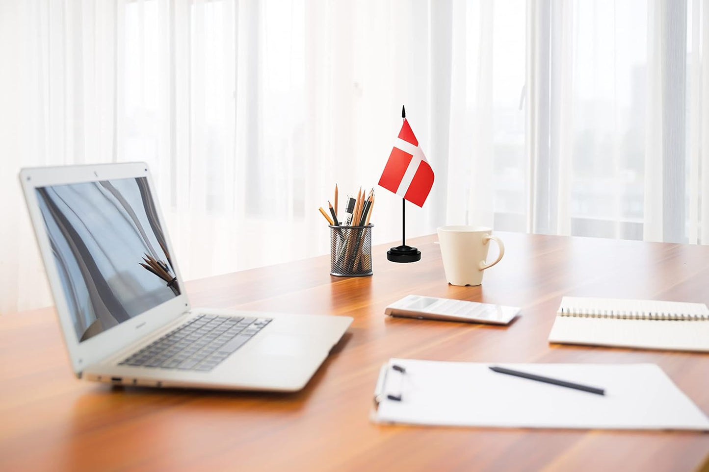 Denmark Danish Dane Deluxe Desk Flag Set Small Mini Miniature Denmark Danish Table Desktop Flags With Solid Pole, Black Base and Spear Top(2 Pack)