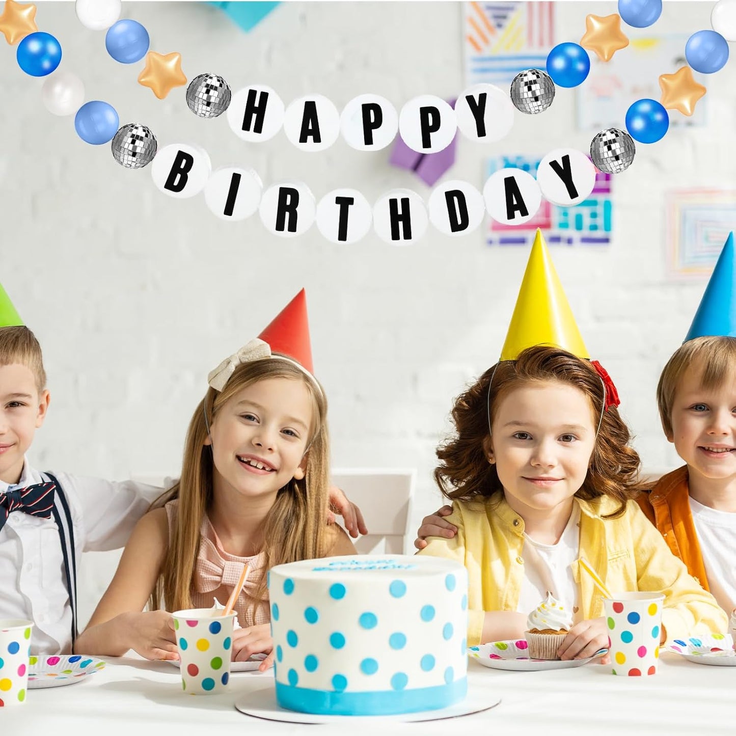 Giant Friendship Bracelet Garland Kit, DIY Birthday Banner with Letters Ball Jumbo Customizable Friendship Bracelet Decor for Halloween Christmas Wedding Party(Blue, Gold, White)