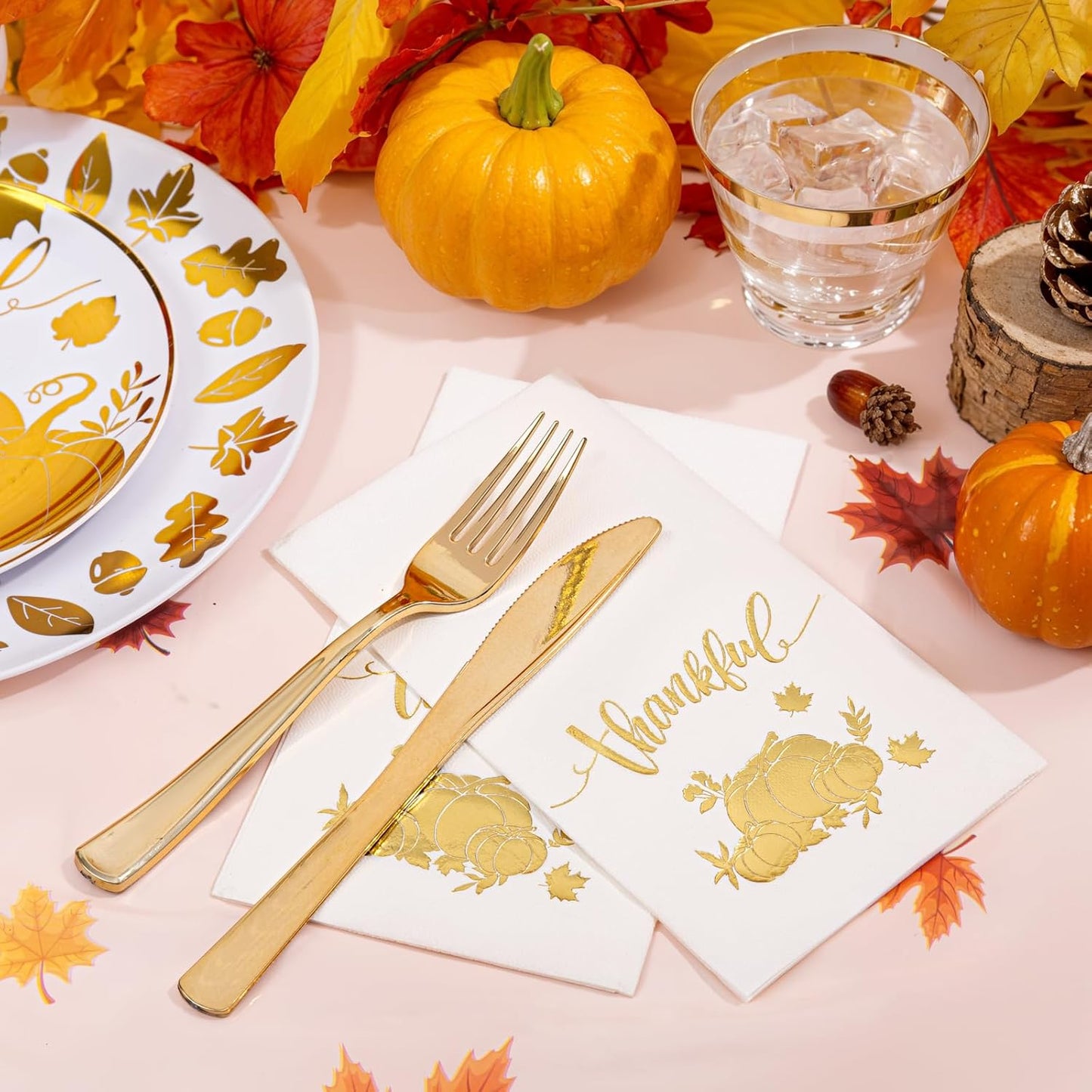 Festiva 176Pcs Thanksgiving Plastic Plates - Heavy Duty Thanksgiving Plates - Thanksgiving Disposable Dinnerware Set include 50 Plates,75 Silverware, 25 Cups, 25 Pumpkins Napkins, 1Tablecloth