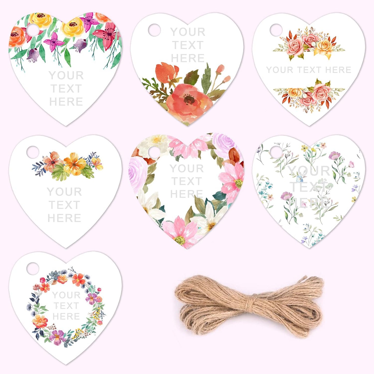 Custom 2.3inch 100pack Gift Tags with Strings,Personalized Thank You Tags Party Decoration Paper Gift Labels for Birthday Wedding Favor Baby Shower Floral Hang Tag Hangtag (Heart Shape)