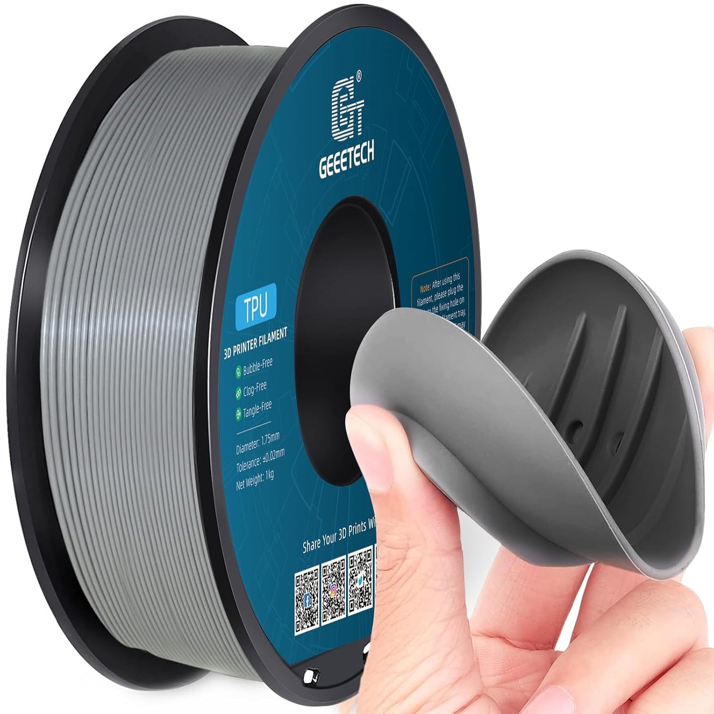 Geeetech TPU Filament 1.75mm – 95A Flexible 3D Printer Filament with High Elasticity, 1KG (2.2lbs) Spool, Dimensional Accuracy ±0.03mm, Fits Most FDM Printers (Grey)