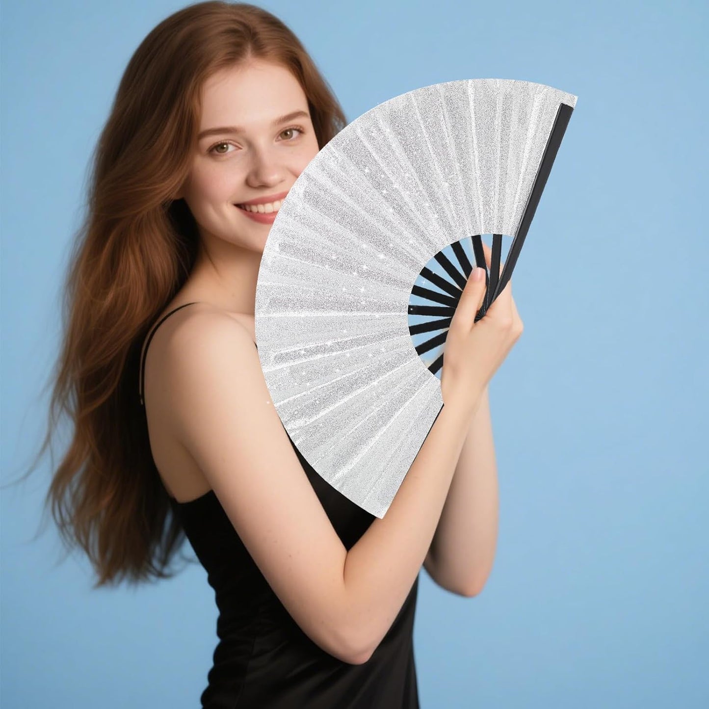 Glitter bling Large Folding Fan-Hand Fan Rave Clack Popping Fan for Line Dancing Clacking Fans for Boots On The Ground Dance, Party for EDM, Music Festival, Hot Flashes, Party, Decoration(3pcs silver)