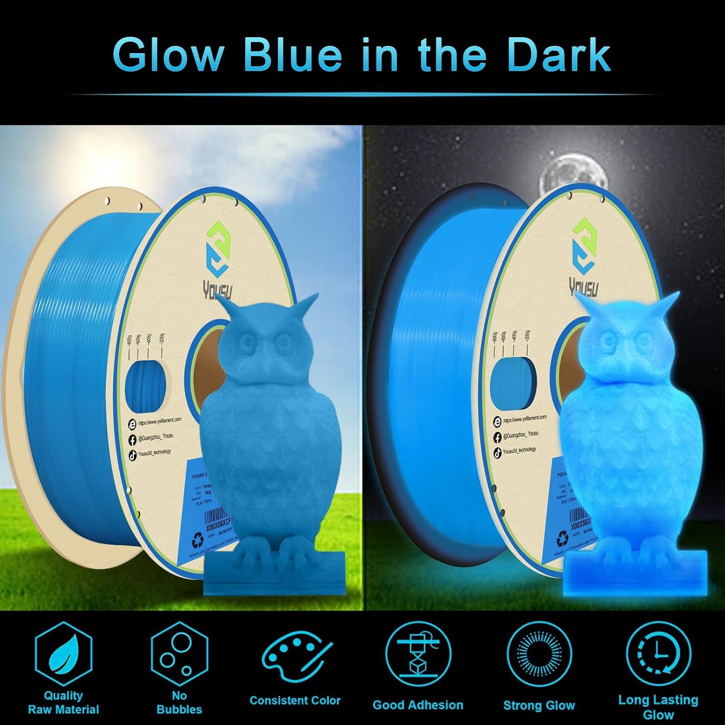 YOUSU 3D Printer Filament 1.75mm PLA Filament Glow in Dark PLA Filament for 3D Printing Filament 1kg(2.2lbs) Spool,Blue