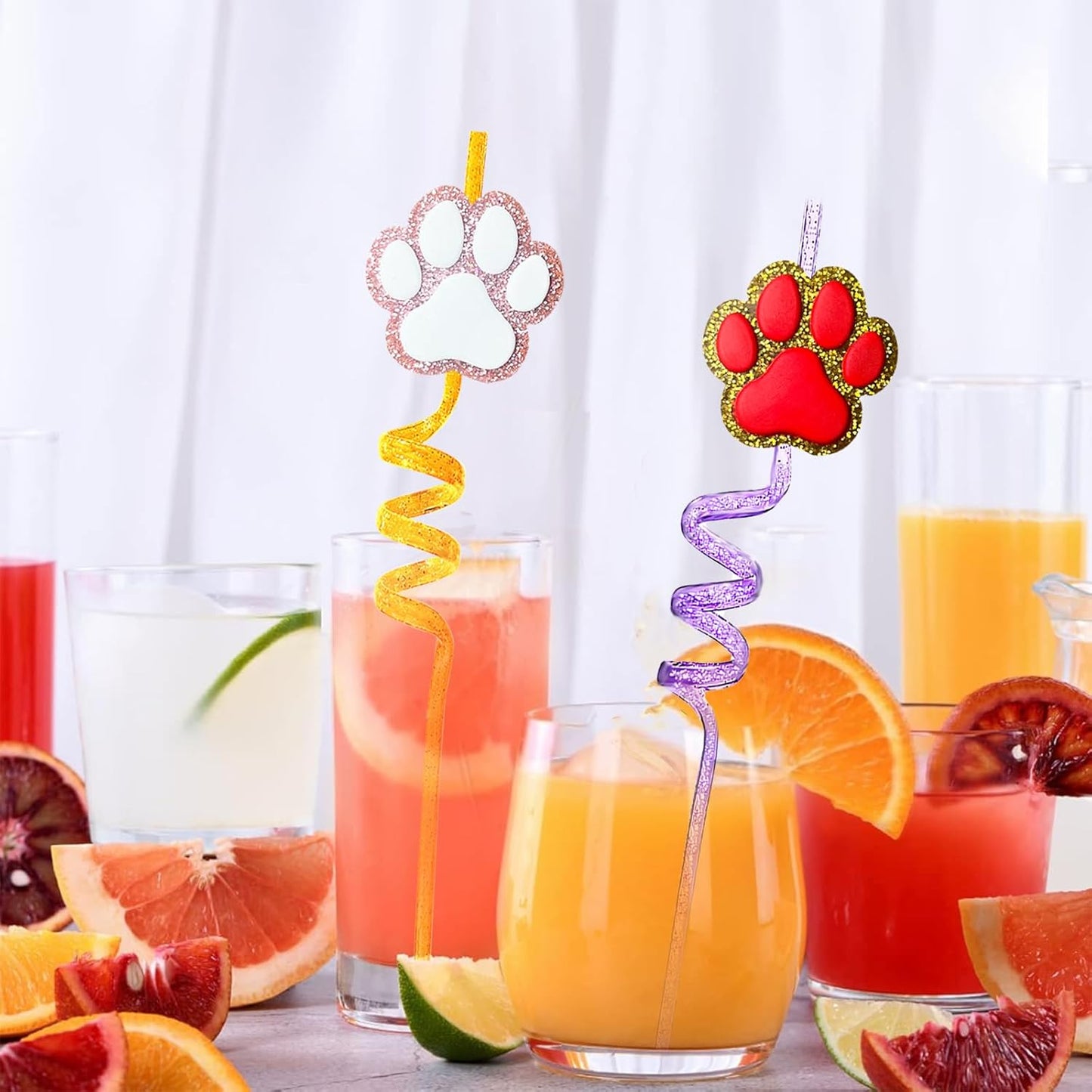 24 Glitter Paw Glitter Straws Birthday Party Decorations With 2pc Cleaning Brush for Pet Dog Puppy Pals Cat Birthday Party Decorations Supply Favors Reusable Straws