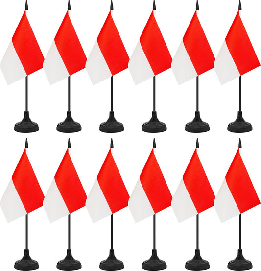 12 Pack Indonesia Desk Flag Set, Indonesian Table Office Flag, Small Miniature Desktop Flag With Black Pole and Black Base, Classroom, Offices Meeting Desk Decoration (Indonesia)