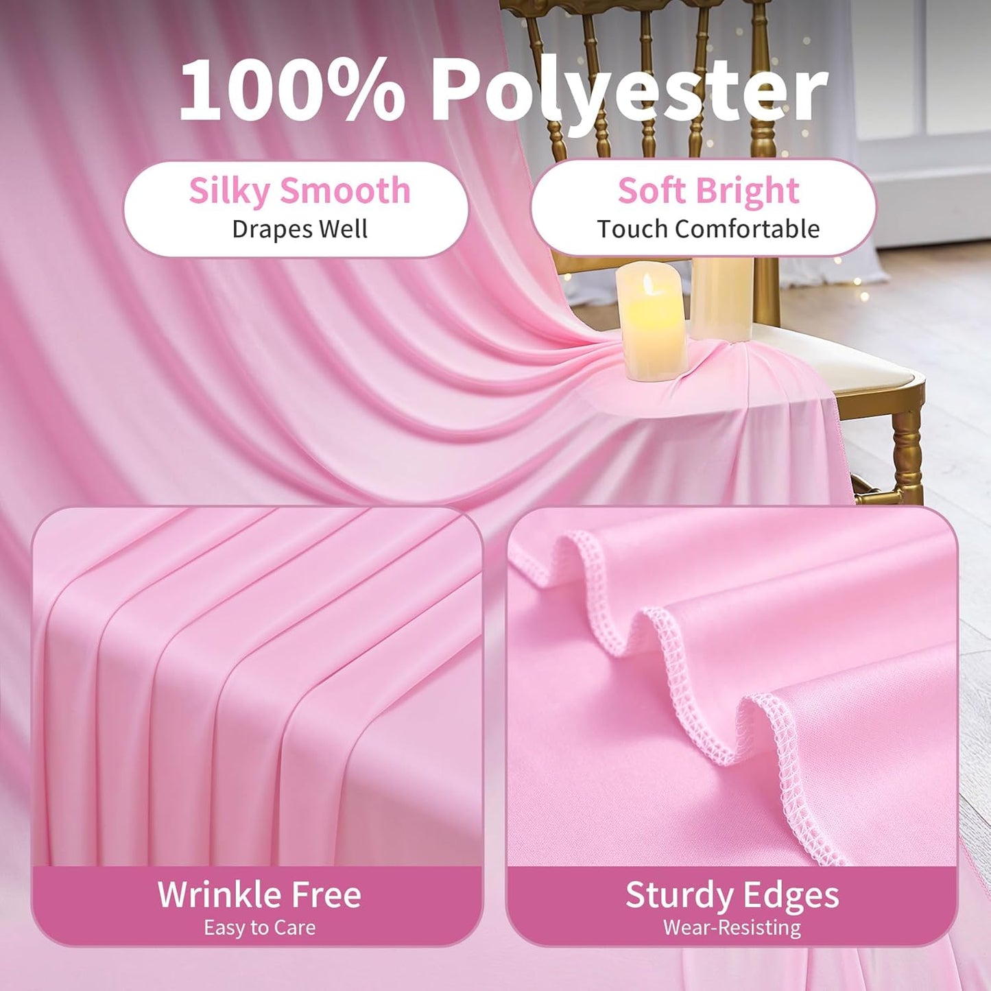 10×12ft Wrinkle Free Pink Backdrop Curtain for Wedding Parties, 2 Panels 5×12ft Long Soft Silky Polyester Backdrop Drapes Baby Pink Photo Back Drop Curtains for Party Photography Background Cloth