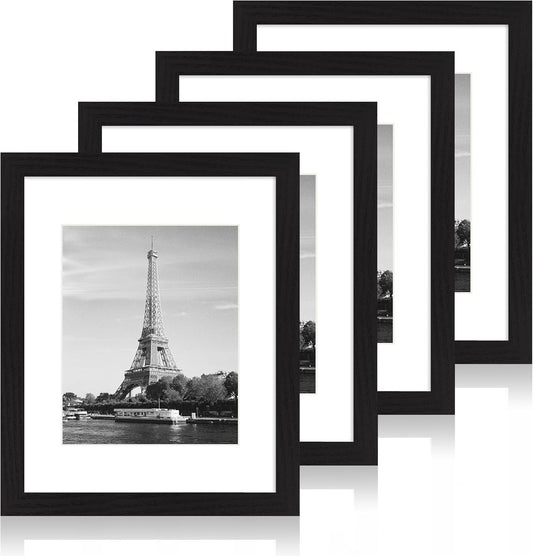 11x14 Picture Frame Set of 4 with Tempered Glass, Black Frame Display 8x10 Picture with Mat or 11 x 14 Without Mat, Rustic Wood Photo Frames for Horizontal or Vertical Wall Mounting