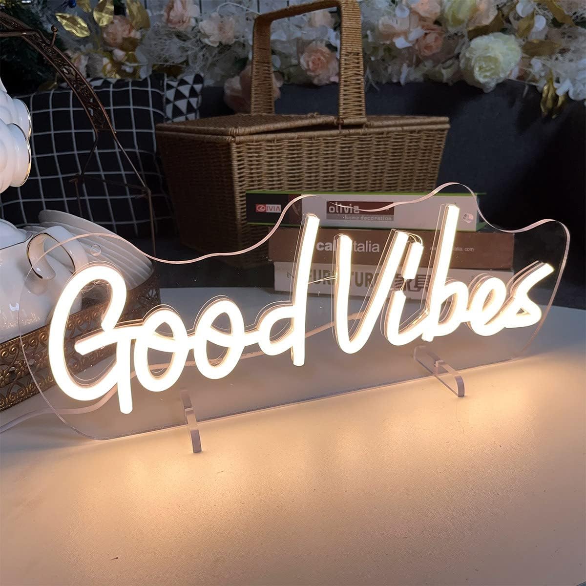Good Vibes Table Number Neon Sign Desk Lamp Night Light Wedding Letter LED Neon Sign Wedding Table Decorations Neon Light Bedroom Home Room Decor Christmas Party Warm White USB 40×10.7 CM