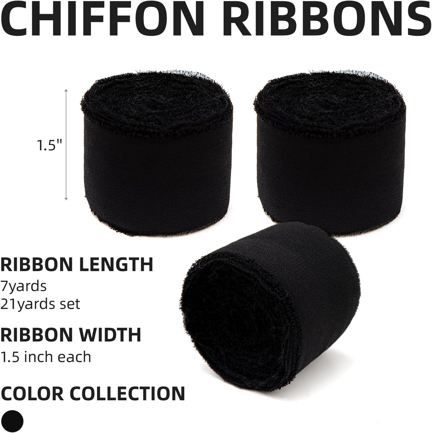 3 Rolls Black Handmade Chiffon Ribbon,1.5" x 21Yd Frayed Fringe Silk Ribbons (3 Rolls *7Yd) for Gifts Wrapping, Wedding Invitations, Bridal Bouquets, Decorations