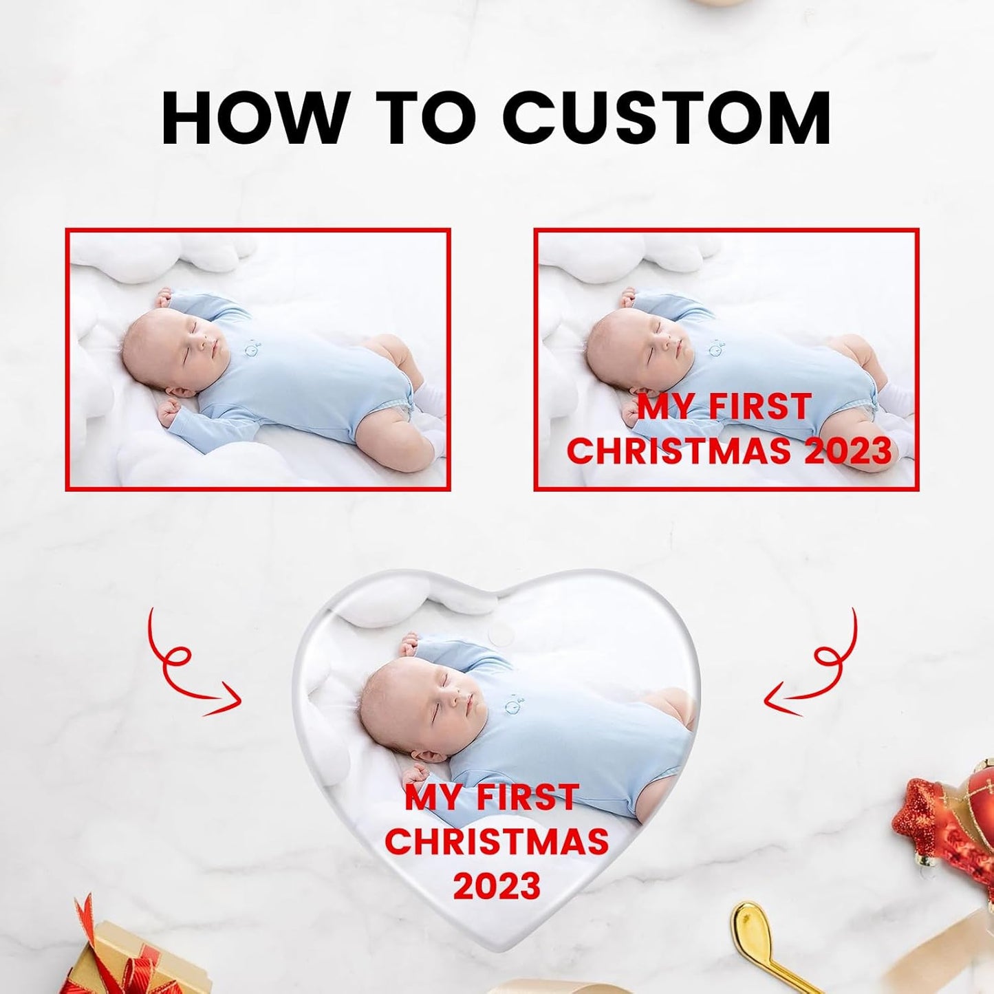 Personalized Christmas Ornaments 2025, Ceramic Heart Customized Photo Text Christmas Tree Decorations for Kids, Mom, Dad, Family, Friends