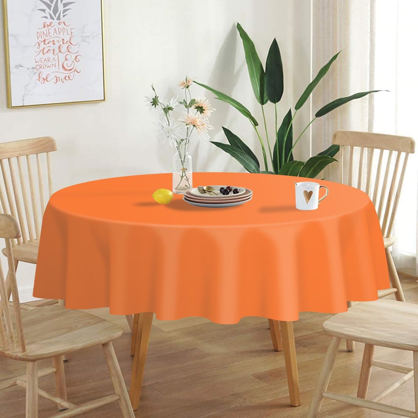 QIKSION Orange Round Tablecloth 3 Pack, 84 Inch Plastic Table Cover Disposable for Parties